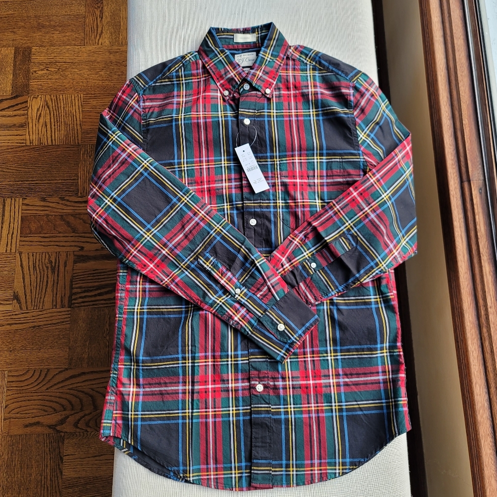 New! J.CREW sz XS X-Small Mens Secret Wash Cotton Poplin Shirt Black Tartan NWT